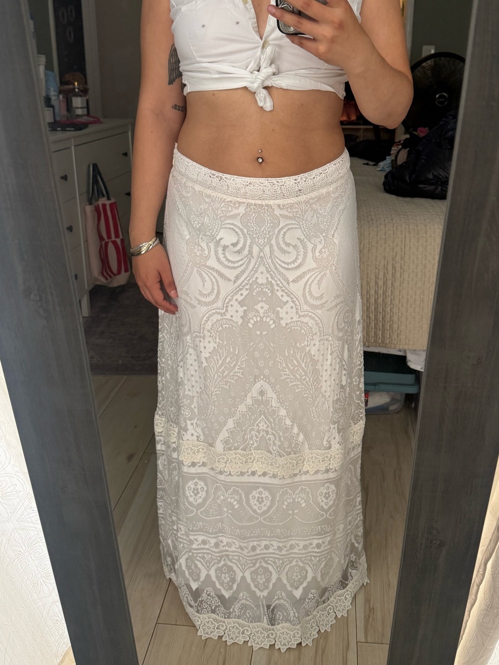 FARM Rio White Lace Maxi Skirt with Cream Trim